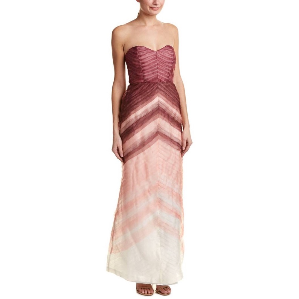 Parker Silk Chiffon Tiered Chevron Sweetheart Neck Gown Purple Pink NWT